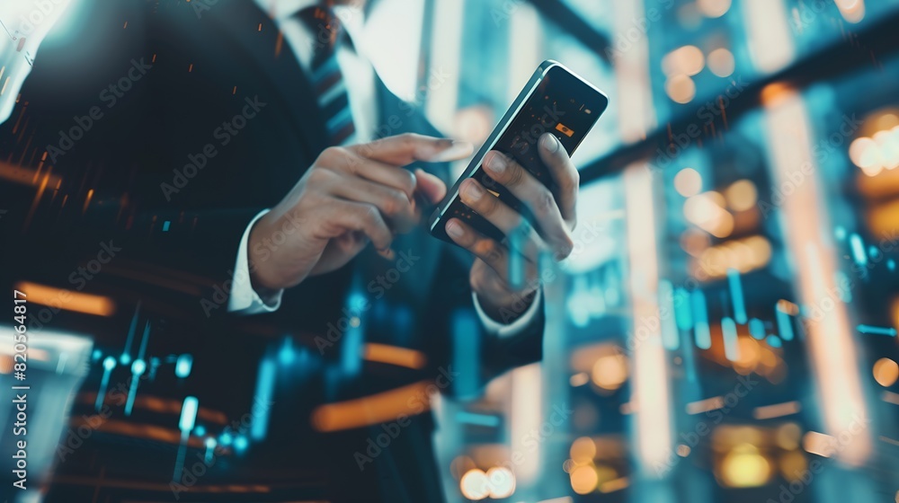 Poster Businessman using mobile smart phone Business global internet connection application technology and digital marketing Financial and banking Digital link tech big data : Generative AI