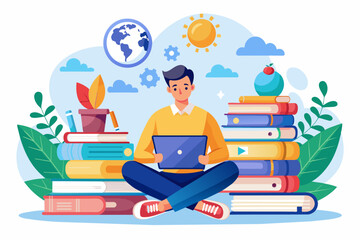 Fototapeta premium boy sitting on pile of books. Concept illustration of online courses, distance studying, self education, digital library. E-learning banner. Online education. Vector illustration in flat style