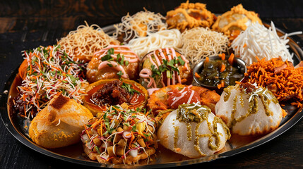 A platter of spicy and tangy chaat, featuring various street food snacks like pani puri, bhel puri, and sev puri, drizzled with chutneys and topped with crunchy sev.