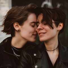 Candid style casual portrait of an androgynous, non binary, gay, gender fluid couple in their 20s, sharing an intimate moment and in love, square format 