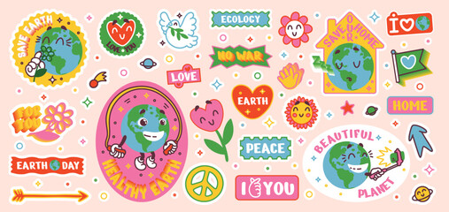 Eco stickers. Retro Earth planet. World pop face for smile poster design. Funny emoticon. Save environment. Peace badge. Nature or ecology protection. Happy face. Vector cartoon icons set
