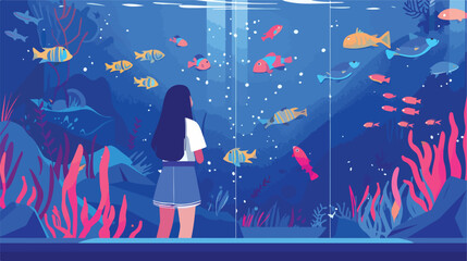 Person watching small fishes in water behind aquarium
