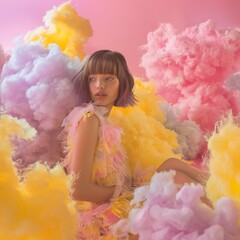 Beautiful teen girl, with futuristic shorten hair and futuristic clothes, sitting in huge pastel yellow, pink and cotton candy clouds, pastel colors