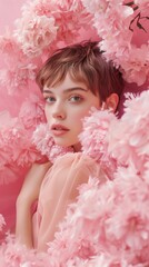 Portrait of a beautiful teen girl brunette with short hair in pastel pink flowers. Studio photo. Summer vibes.