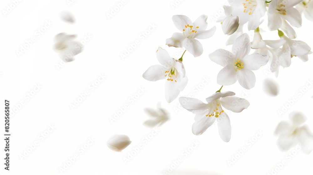 Poster jasmine bloom a beautifull white flower of jasmine falling in the air isolated on white background l