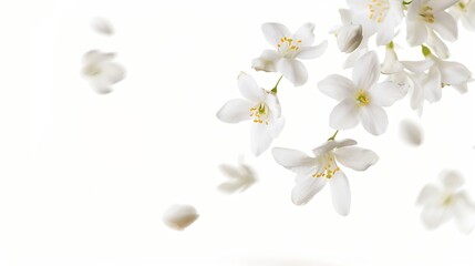 Jasmine bloom A beautifull white flower of Jasmine falling in the air isolated on white background Levitation or zero gravity concept High resolution image : Generative AI