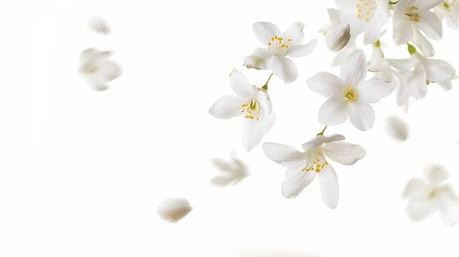 Fototapeta Jasmine bloom A beautifull white flower of Jasmine falling in the air isolated on white background Levitation or zero gravity concept High resolution image : Generative AI