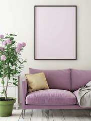 Frame mockup. Light purple sofa home interior, wall poster frame. 3D render