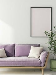 Frame mockup. Light purple sofa home interior, wall poster frame. 3D render