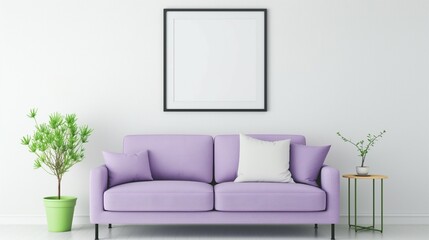 Frame mockup. Light purple sofa home interior, wall poster frame. 3D render