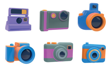 3D camera. Photo gadget. Photography graphic picture. Image or photograph hobby. Lens flash and film. Professional photographer equipment. Instant photoshoot. Vector render icons set