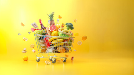 Online grocery shopping. Fresh food delivery. Healthy food in the shopping cart.