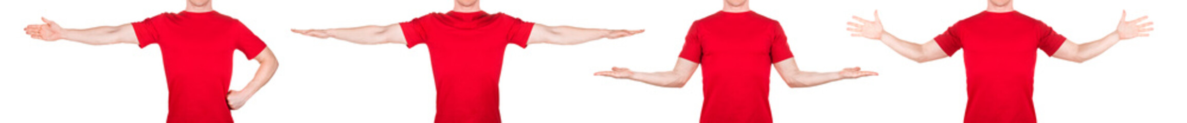 Man in red t-shirt showing or holding something in his arm on white background