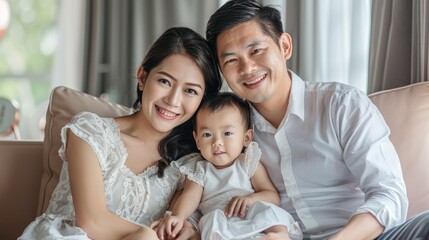 Fototapeta premium Content Thai family sitting together, highlighting parental love and bonding, great for family-centered promotions and lifestyle campaigns