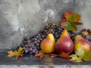 Pearfectly Grapeful: A Stunning Autumn Still Life on Grey Background
