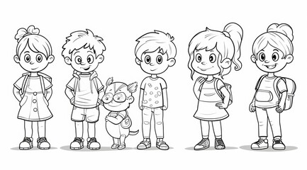 A simple coloring line drawing of children playing the roles of different characters depicting a separate story and interacting with other characters, thick lines for easy coloring by children