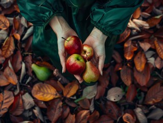 Seasonal Splendor: A Study of Autumnal Elegance in 'Zholtye Hands Red Apple and Green Pear Coats Wom