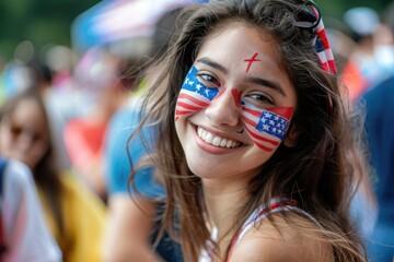 Naklejka premium young woman with an American flag painted on her face. american independence day. the symbol of the united states