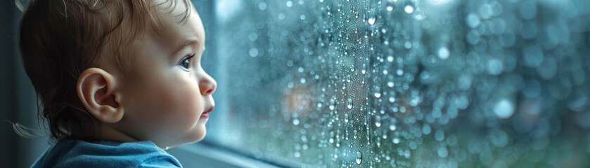Quiet moment, baby boy gazing out of a window on a rainy day,