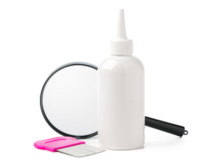 Medicine, lice comb and magnifying glass isolated on white