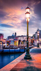 Fantastic spring sunrise in Venice with San Simeone Piccolo church. Colorful evening scene in Italy, Europe. Magnificent Mediterranean landscape. Traveling concept background.