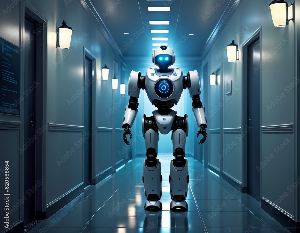 Poster a futuristic autonomous robot with blue lighting stands in a dimly lit corridor, exuding a high-tech