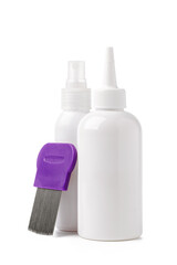 Cosmetic products and lice comb isolated on white background