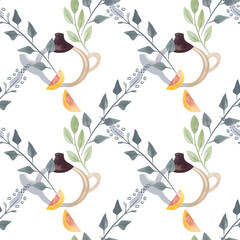 Herb tea. Melissa, mint, glassware, leaves and lemon slices. Seamless watercolor pattern for fabric, wallpaper, wrapping paper, packaging cosmetics, tablecloths, curtains and home textiles.