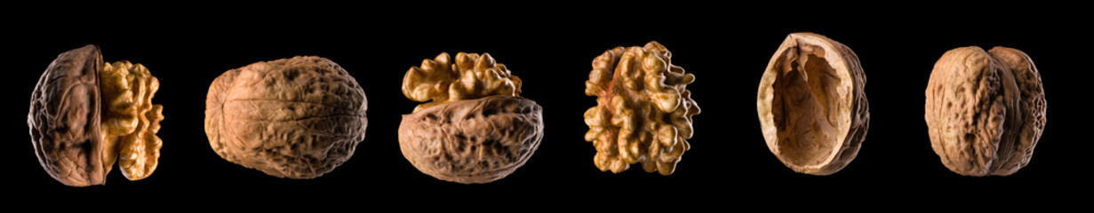 Macro photo of empty shell of walnut isolated on a black with clipping path