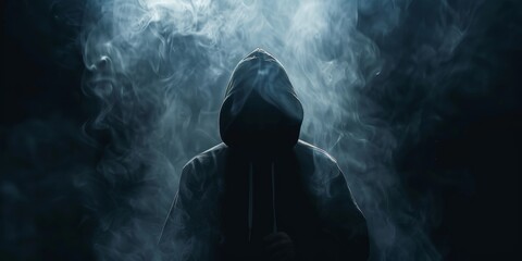 Mysterious figure in a dark hoodie with a hidden face, surrounded by smoke in a dark environment. Hacker banner concept with incognito mode. Anonymous connection and world wide web cybersecurity alert