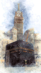 Watercolor painting sketch of kaaba masjid al-haram in mecca, saudi arabia