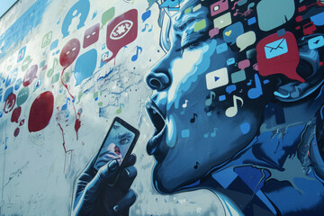 Social Media Day. Street art mural of a woman with social media icons and speech bubbles, reflecting the influence and omnipresence of social media in modern communication