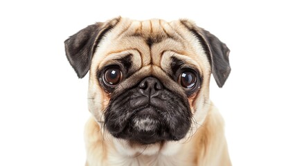 Pug with a wrinkled face, isolated on white background, tilting head, soft lighting