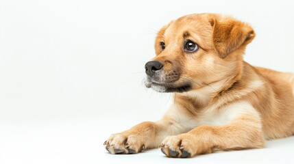 Puppy with an ecollar, isolated on white background, sitting down, looking uncomfortable, high key lighting