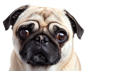 Pug with a wrinkled face, isolated on white background, tilting head, soft lighting