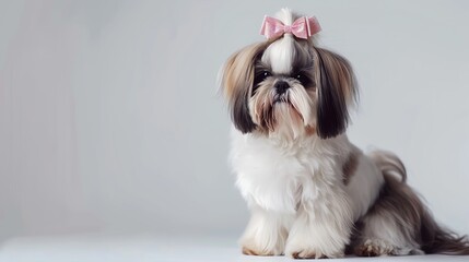 Shih Tzu with a bow in its hair, isolated on white background, sitting gracefully, soft lighting