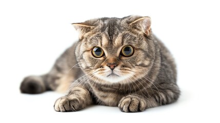 Obraz premium Scottish Fold cat with folded ears, isolated on white background, looking curious, soft lighting