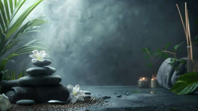 serene spa background stones and candles , water, flowers and steam, natural light, tranquil atmosphere for relaxation and meditation, spa retreats, wellness centers, relaxation spaces