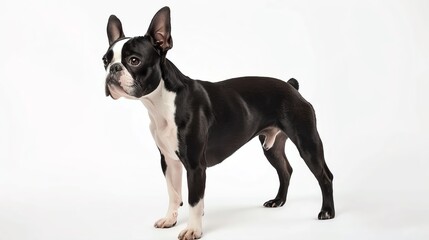Boston Terrier with perky ears, isolated on white background, standing and alert, copy space