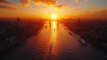 Aerial view of Tower Bridge in London during sunset