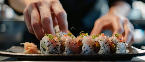 A chef skillfully prepares and arranges a delicious sushi roll on a plate, showcasing vibrant colors and fresh ingredients in a modern kitchen.