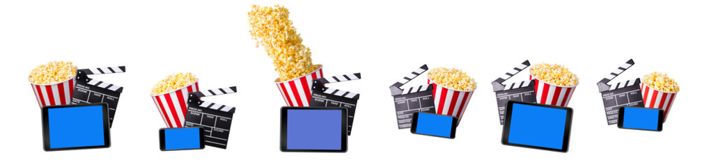 Flying popcorn, film clapper board and phone isolated on white background
