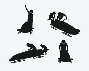Bobsled, Bobsleigh Silhouettes set. Winter sport, competition, athlete, riding. Vector illustration.