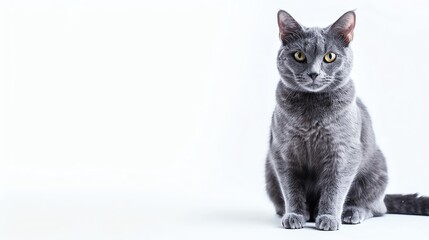 Chartreux cat with bluegrey fur, isolated on white background, sitting elegantly, copy space