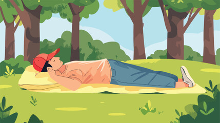 Relaxed man sleeping in the park with cap covering fa