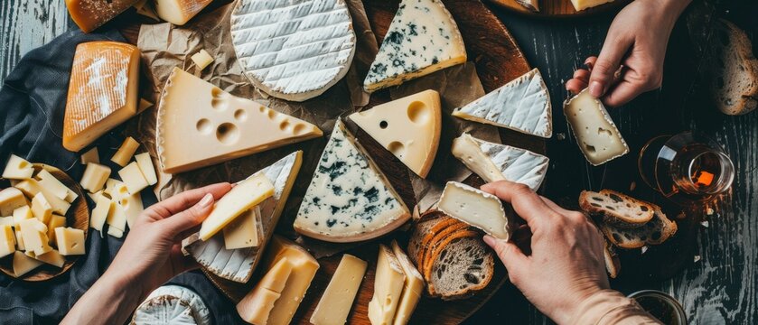 Flat lay of an assortment of cheeses on a stylish platter, hands reaching in to sample, highlighting the variety and rich flavors perfect for a business function - Powered by Adobe