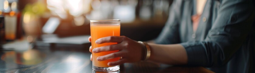 Person s hands gripping a glass of fruit juice, vibrant color of the juice contrasting with a sleek...