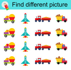 Logic game for children. Find different picture. Vector illustration of the truck, car, rocket, tractor