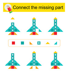 Connect the missing part. Task for the development of attention and logic. Cartoon rocket ship.V