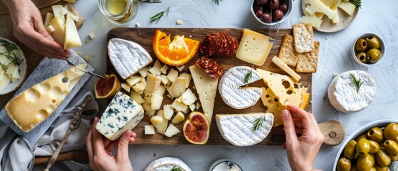 A variety of cheeses displayed on a wooden board with fruits, nuts, and olives, ready to be served at a gathering.